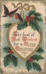 Christmas Greeting with Birds, Holly, and Heart Postcard