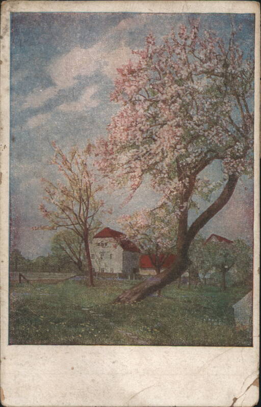 Spring Landscape with Blooming Trees and Houses