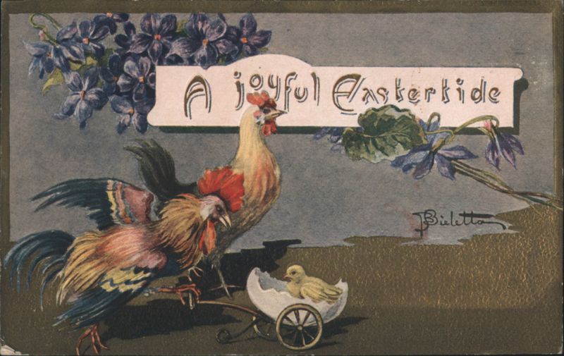 A Joyful Eastertide, Roosters, Chick, Purple Flowers
