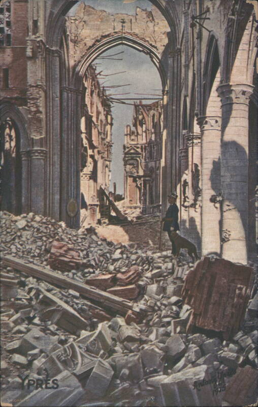 Ypres, St. Martin's Cathedral Interior Ruins, Man & Dog 1915 Belgium