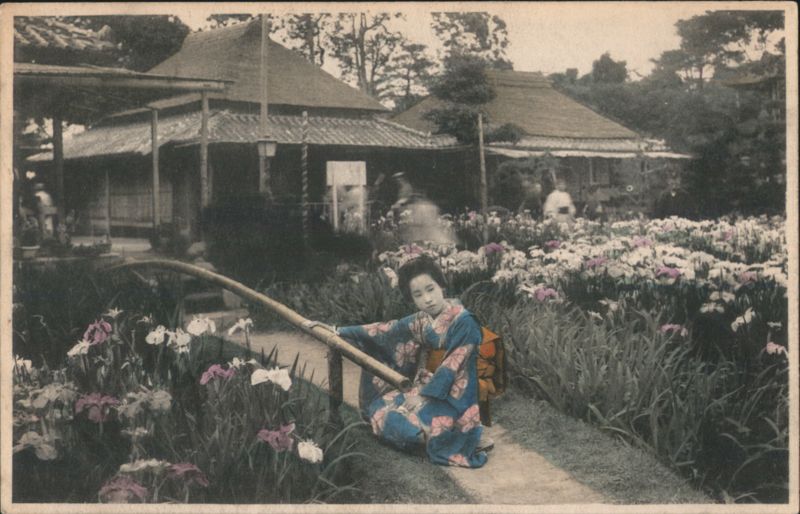 Woman in Kimono in Iris Garden, Traditional Japanese Scene Tokyo