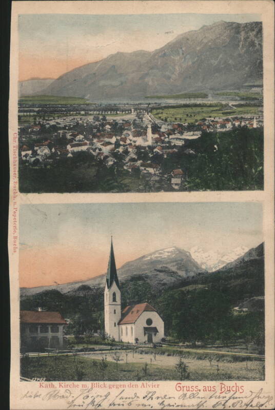 Buchs, Kath. Kirche m. Blick gegen den Alvier Switzerland