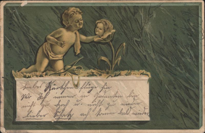 Two Cherubs, One Emerging from Flower, Sentimental Art