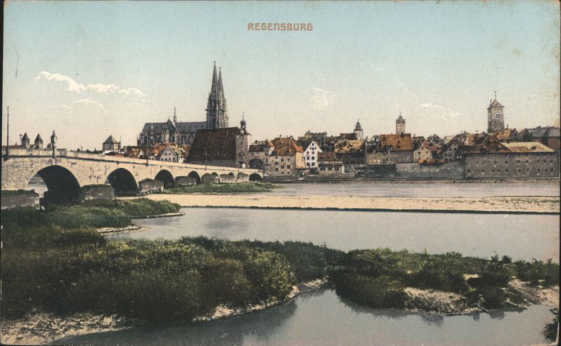 Regensburg Cityscape, Stone Bridge, Cathedral, Danube River Germany