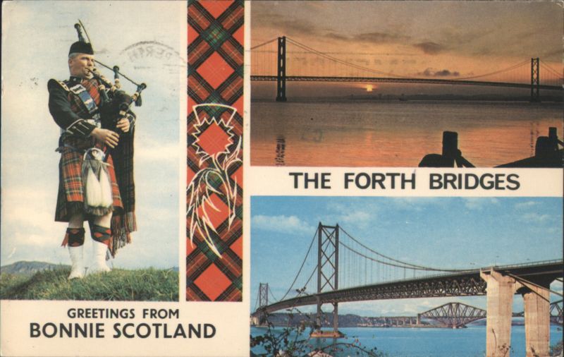 Bagpiper, Forth Bridges, Greetings from Bonnie Scotland