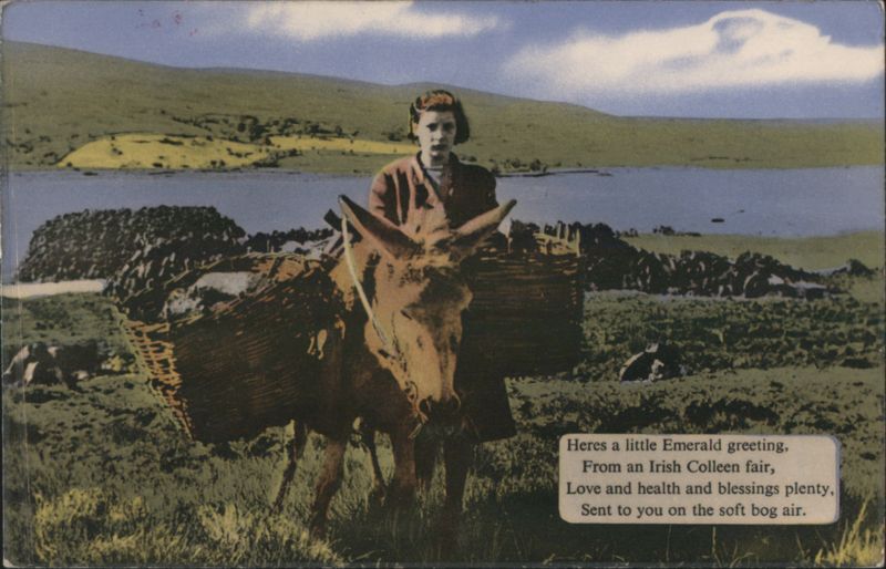 Irish Colleen on Donkey with Baskets, Emerald Greeting Newcastle United Kingdom