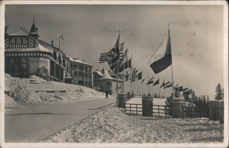 Štrbské Pleso Hotel, Flags, Snow, Vysoké Tatry Slovakia