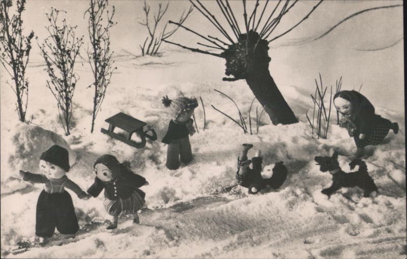 Dolls in Snowy Winter Landscape, Merry Christmas & New Year