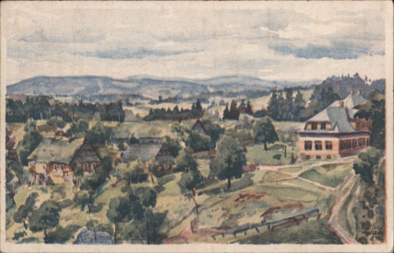 Hilly Landscape with Houses, Watercolor Art Artist Signed