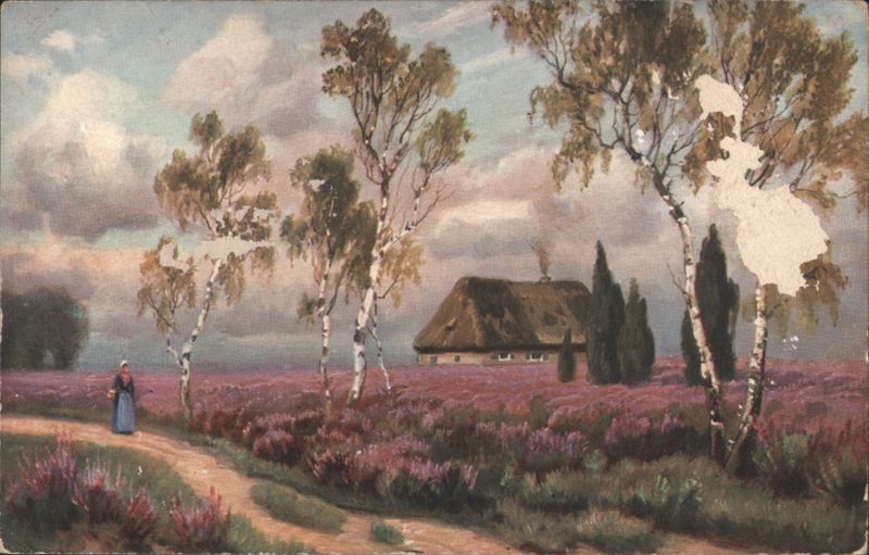 Woman on Path, Heather Field, Thatched House