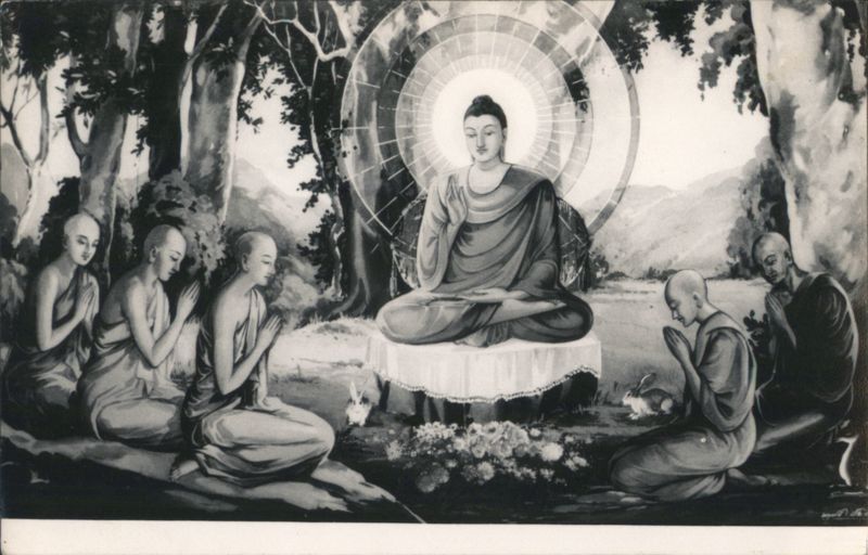 Buddha Meditating with Monks and Rabbits Under Tree
