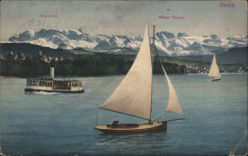 Sailboats & Steamboat on Lake Zürich, Glärnisch Mountains Switzerland