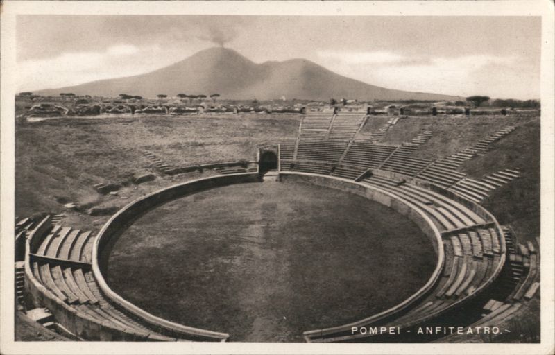 Pompeii Amphitheater with Mount Vesuvius Smoking Italy
