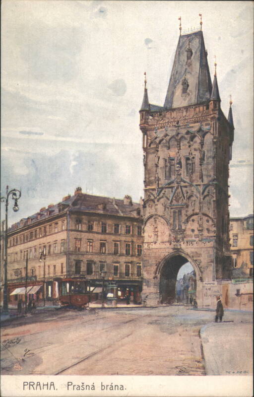 Prague Powder Gate, J. Šatařík watercolor Czechoslovakia