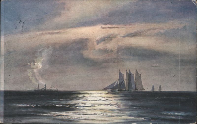 Seascape with Steamboat & Sailboats, Moonlit Water Germany
