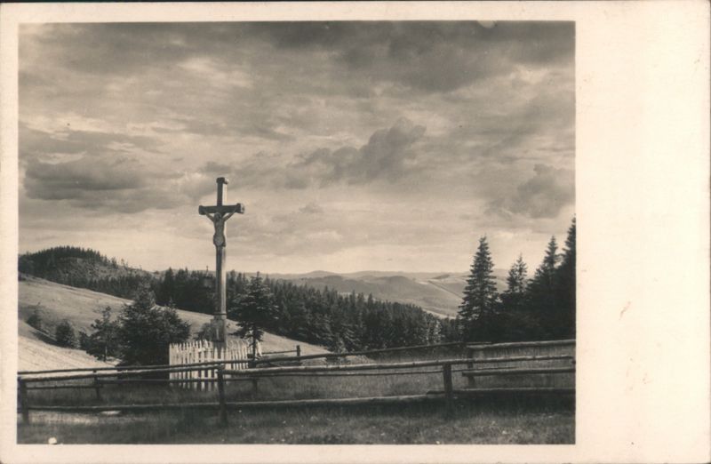 Crucifix on Hilltop, Forested Mountain Landscape Zlín Czechoslovakia