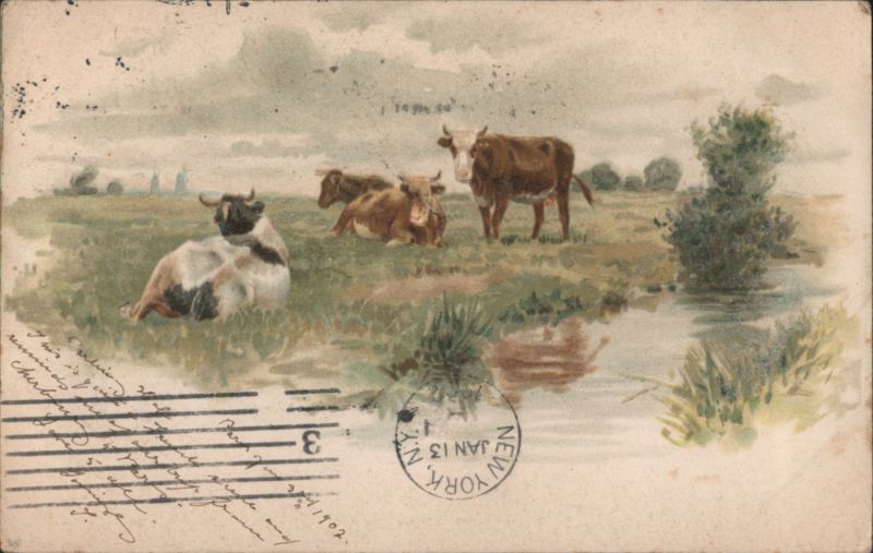 Cows in Field, Windmills, Pond Watercolor Cows & Cattle