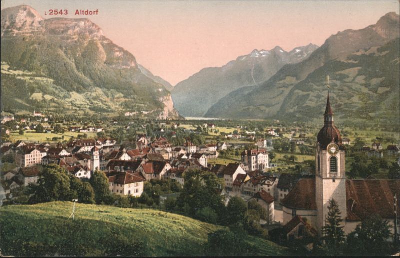 Altdorf Valley Town, Church & Mountains, Switzerland