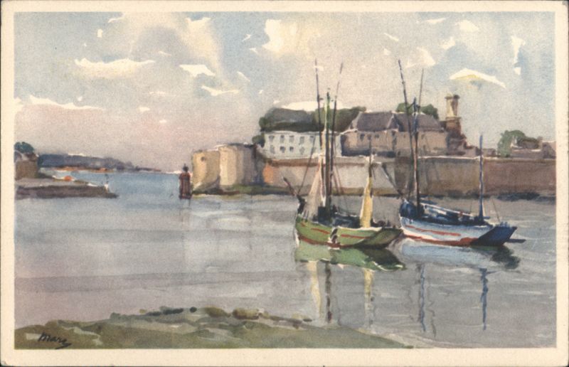 Concarneau Harbor with Sailboats, Watercolor France