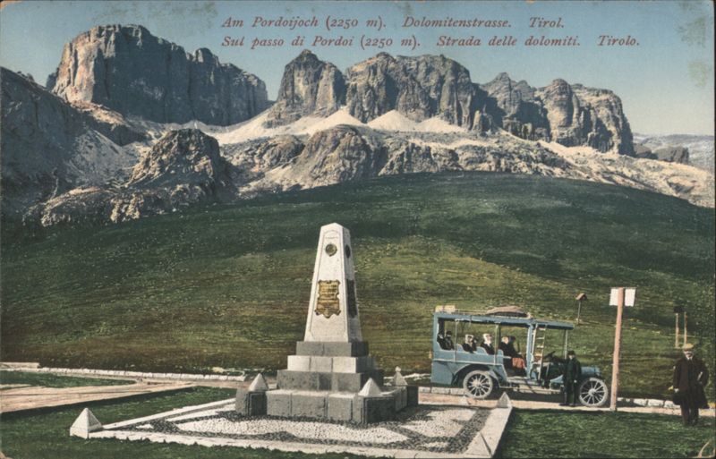 Pordoijoch Pass, Dolomites, Monument & Vintage Car Passo Pordoi Italy