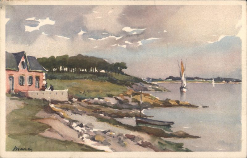 Concarneau Coastal Watercolor, House, Trees, Sailboats France