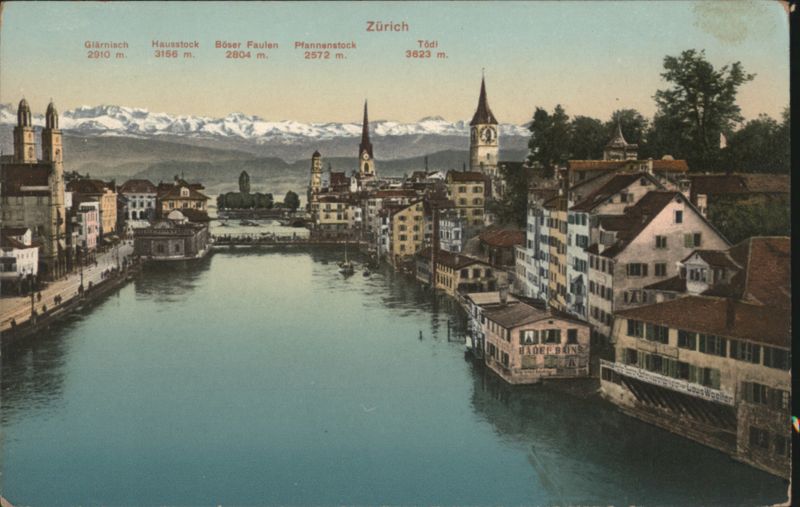 Zürich, Limmat River, Swiss Alps: Glärnisch, Tödi, Hausstock Switzerland