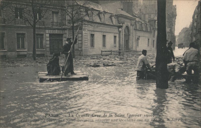 Paris Seine Flood 1910, Concierge Rescues Tenant on Raft France