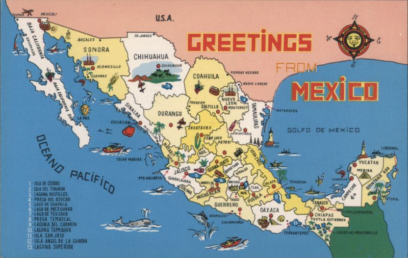 Greetings From Mexico Pictorial Map & Attractions