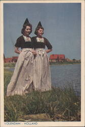 Two Women in Traditional Volendam Costumes, Holland Postcard