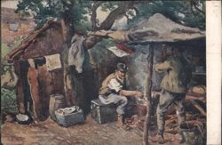 Soldiers Cooking at Rustic Camp Shelter Postcard