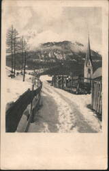 Snowy Mountain Village, Church Steeple, Path Postcard
