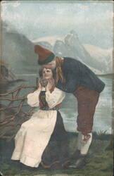 Norwegian Couple in Folk Costumes, Kissing, Bergen Postcard