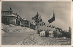 Štrbské Pleso Hotel, Flags, Snow, Vysoké Tatry Postcard
