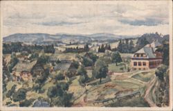 Hilly Landscape with Houses, Watercolor Art Postcard