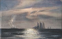 Seascape with Steamboat & Sailboats, Moonlit Water Postcard