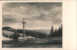 Crucifix on Hilltop, Forested Mountain Landscape Postcard