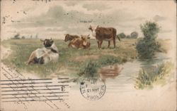 Cows in Field, Windmills, Pond Watercolor Postcard