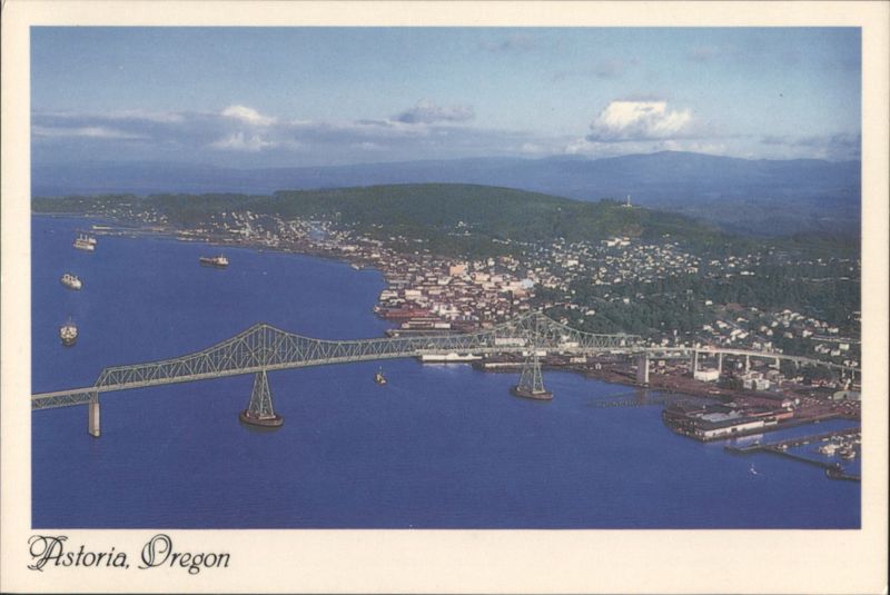 Astoria Bridge, Columbia River, Ships & Town View Oregon