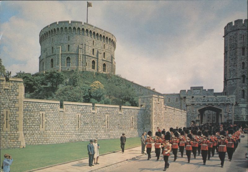 Scots Guards Band Marching, Windsor Castle Round Tower United Kingdom