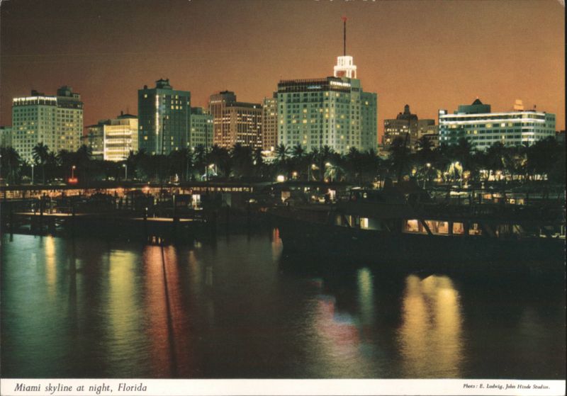 Miami Skyline at Night Reflected on Biscayne Bay Florida