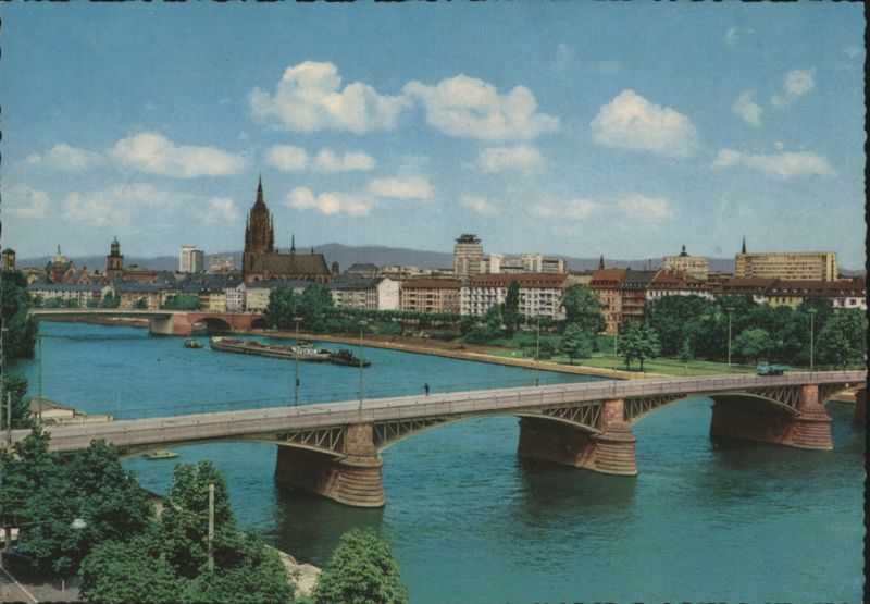 View of Main River and Frankfurt City Skyline with Cathedral Germany