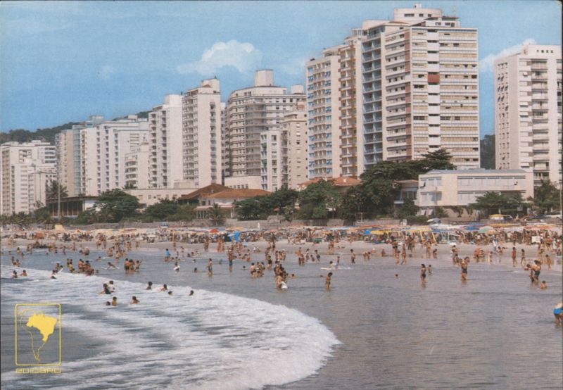 Crowded Pitangueiras Beach and High-Rise Buildings Guarujá SP Brazil