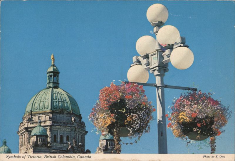 Parliament Dome, Cluster Lights, Hanging Flower Baskets, Victoria BC Canada