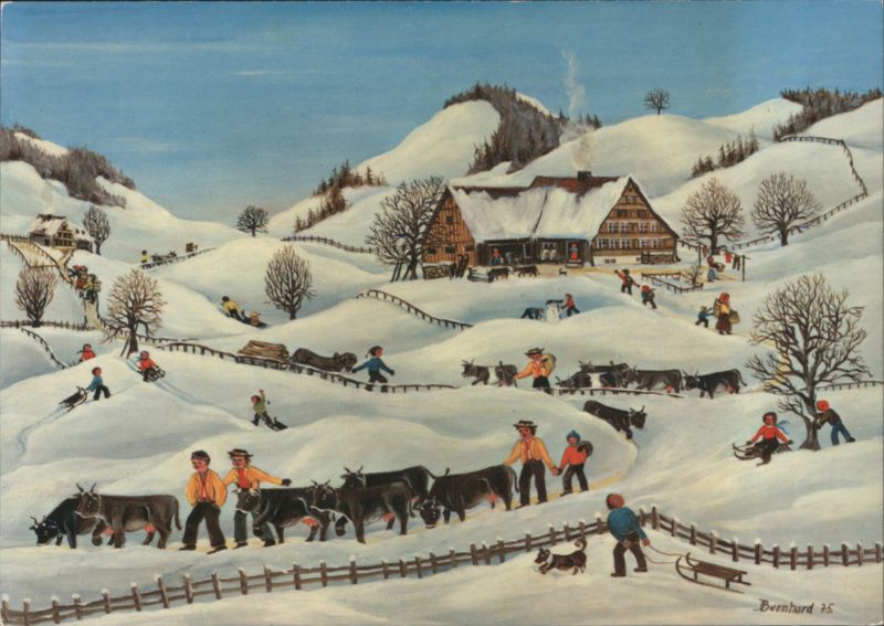 Swiss Folk Art Winter Scene, Farmers Leading Cattle, Snow