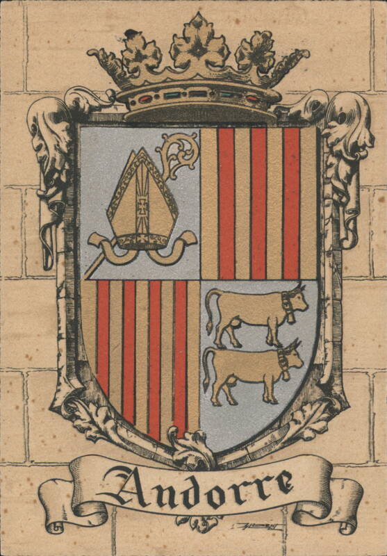 Andorra Coat of Arms, Mitre, Pales, Cows, Crown Spain