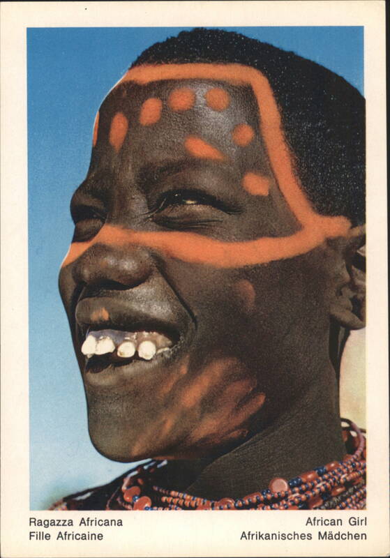 African Girl Smiling, Orange Facial Paint, Beaded Costume