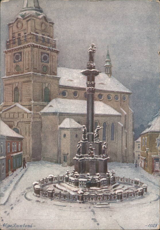 Rokycany Church & Marian Column, Snow Scene, 1925 Czechoslovakia