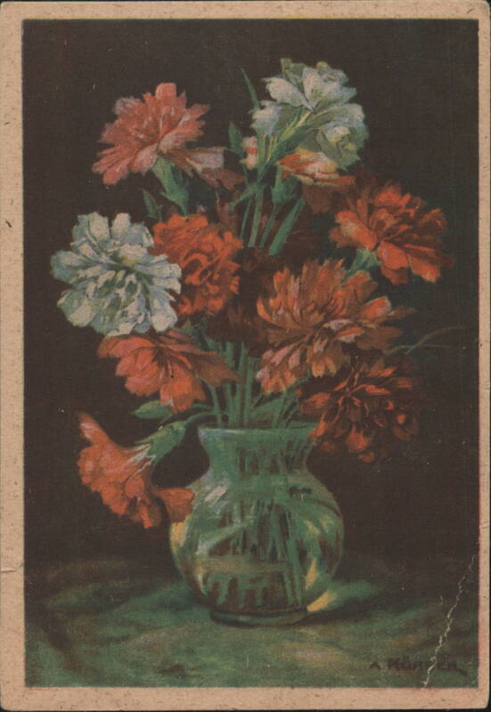 Still Life Painting, Red & White Carnations in Glass Vase Czechoslovakia