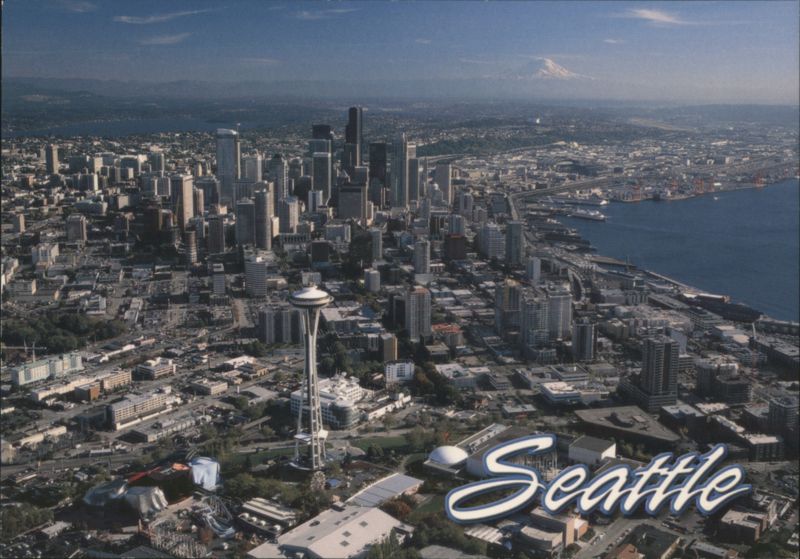 Seattle Aerial View Space Needle Skyline Mount Rainier Washington