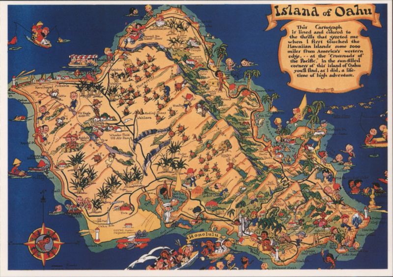 Pictorial Map of Oahu, Crossroads of the Pacific Honolulu Hawaii